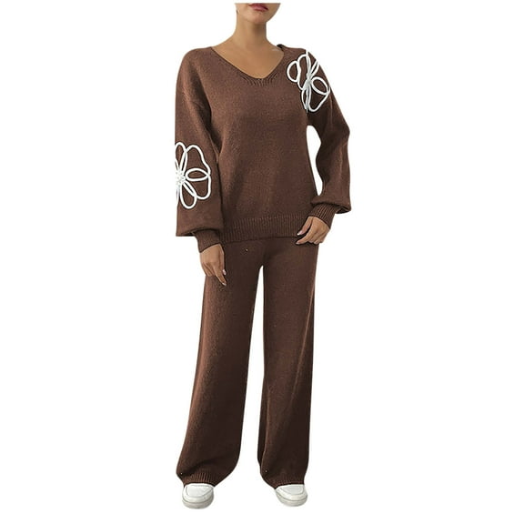Enjoytime Outfits for Women Printed V-Neck Long Sleeve Knitting Pullover Tops Wide Leg Pants Matching Sets Trendy Casual Travel Women Clothing