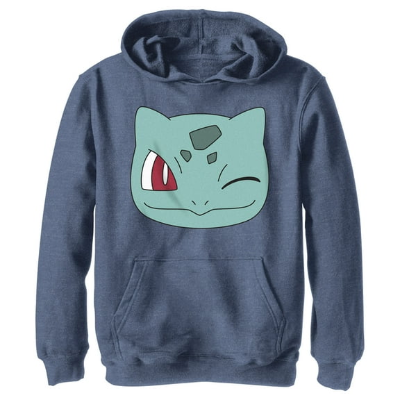 Boy's Pokemon Bulbasaur Wink Face Pull Over Hoodie Navy Blue Heather Large