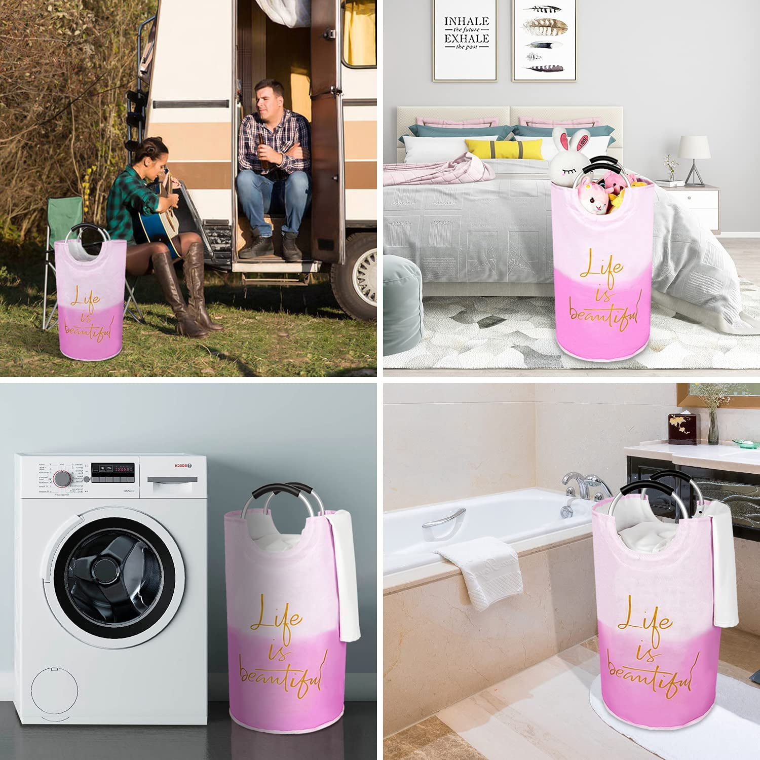 Roiroiko 130L Large Laundry Basket , Collapsible Laundry Bag, Foldable Laundry Hamper, Folding Washing Bin (life pink)