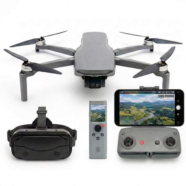The Bigly Brothers Walker Air Midnight Commando Elite FPV Drone in grey, featuring a 48MP camera with a 3-axis gimbal, FPV goggles, two batteries, and two remote controllers. The drone is lightweight at under 249g, includes voice command functionality, and offers intelligent follow-me and one-key return home features. Accessories shown include a voice handle, VR glasses, backup propellers, a 32GB SD card, a Type-C charging wire, and a storage box.