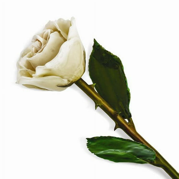 Lacquer Dipped Natural Cream/White Rose w/Green Leaves & Stem