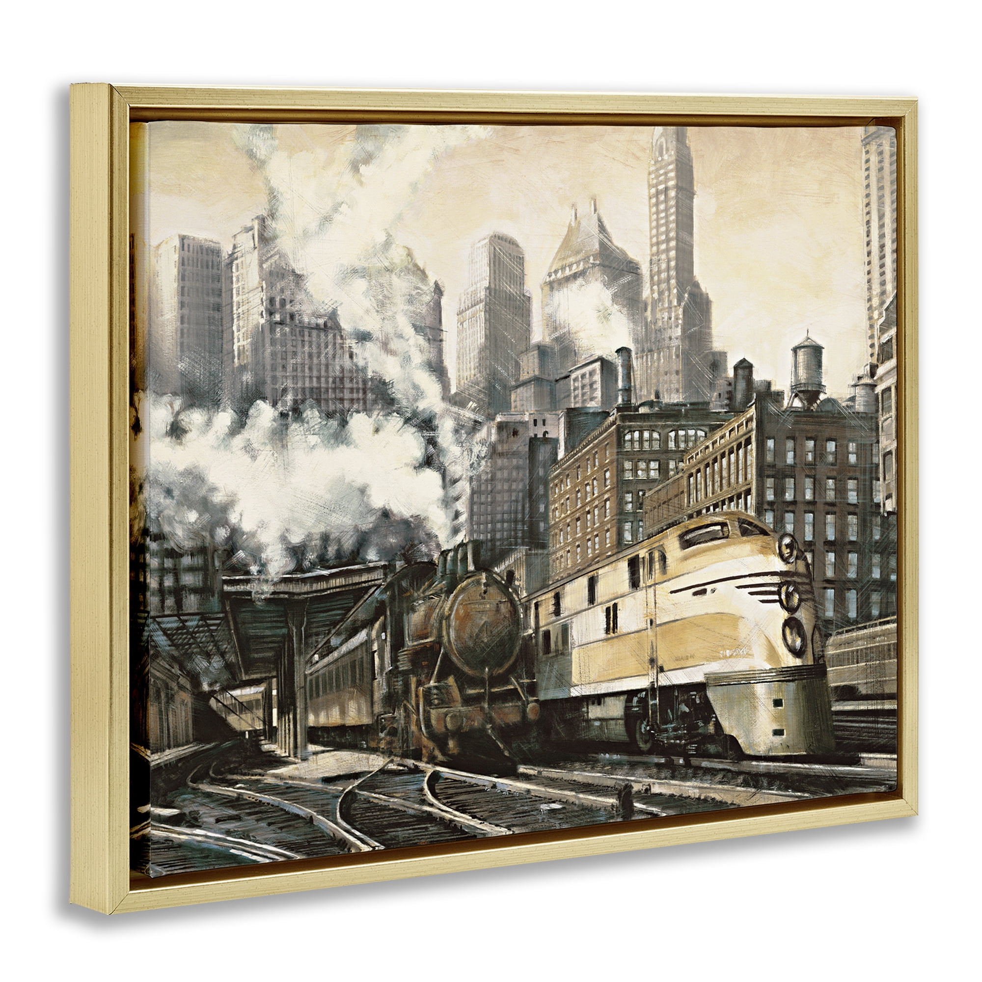 Stupell Industries Urban Steam Train Scenery Painting Gold Floater Framed Art Print Wall Art, 31 x 25