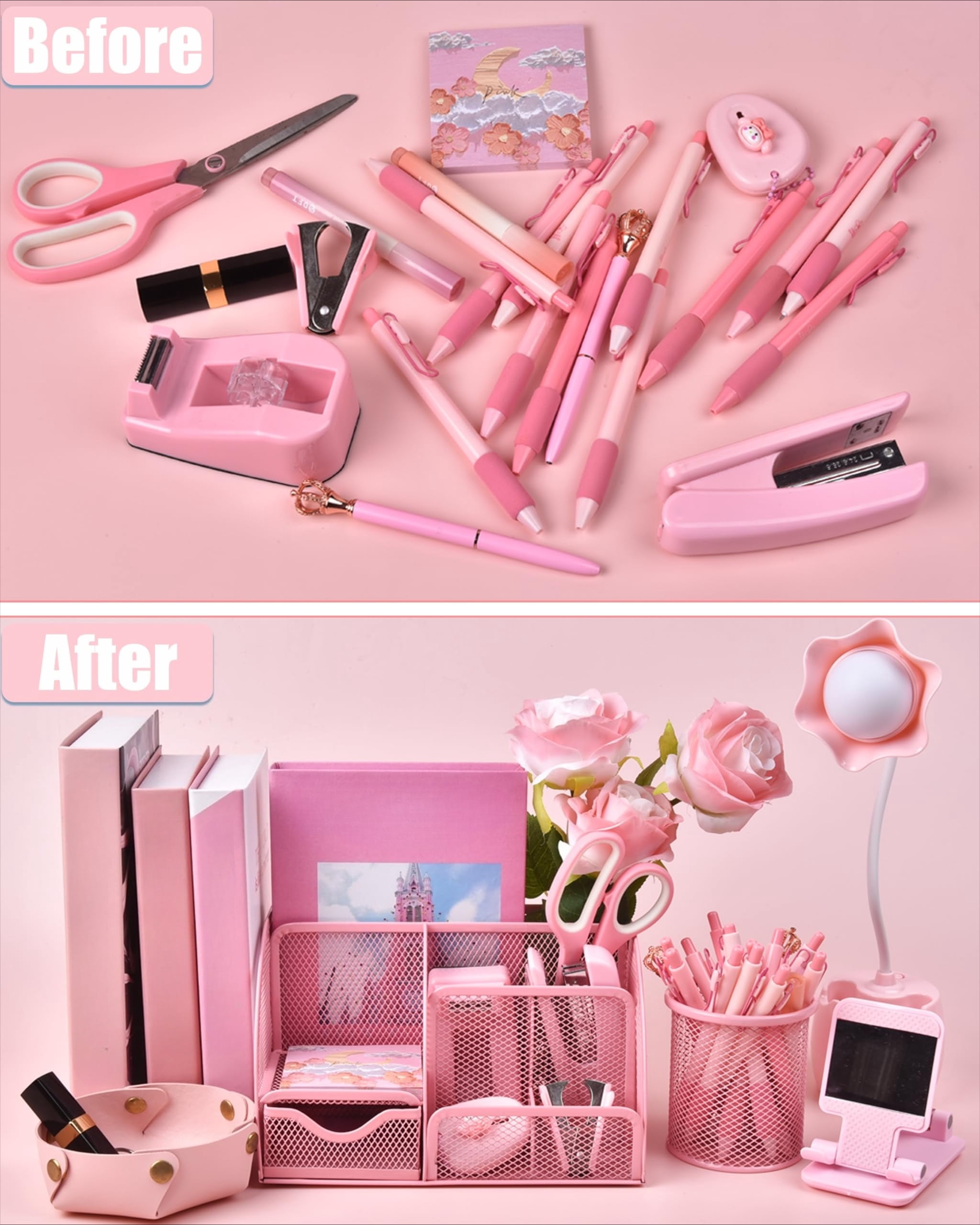 24 Piece Pink Desk Accessories Set, Office Supplies and Organizers with Tape Dispenser, Stapler, Staple Remover, and More, Gift Box Packaging
