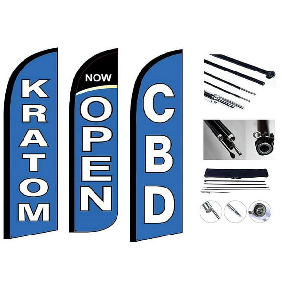 Trio Advertising Windless Feather Flag- CBD, Kratom & Now Open Flutter Advertising Flags with Hardware! 13 Foot of Advertising and Message Stays Open Always!