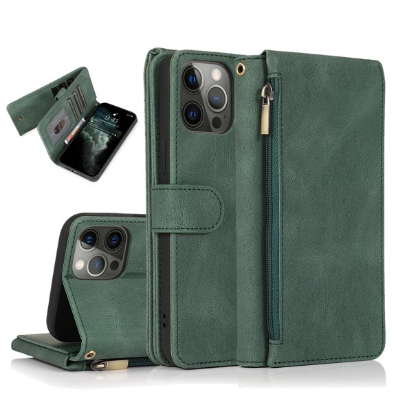 SaniMore iPhone 14 Pro Case (6.1" 2022) with Zipper Wallet & Wrist Strap & Magnetic Closure Card Slots Kickstand Shockproof Anti-drop Slim Full-around Protective Business Cover, Darkgreen