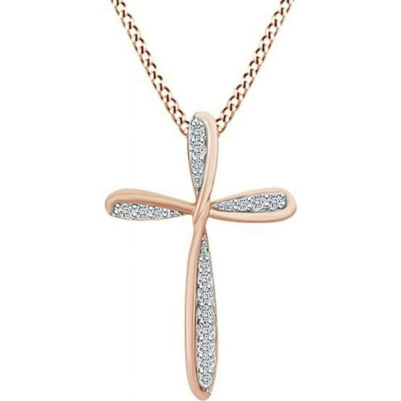 Real 925 Sterling Silver 14K Rose Gold Plated Round Cut White Diamond Halo Cross Pendant Necklace For women