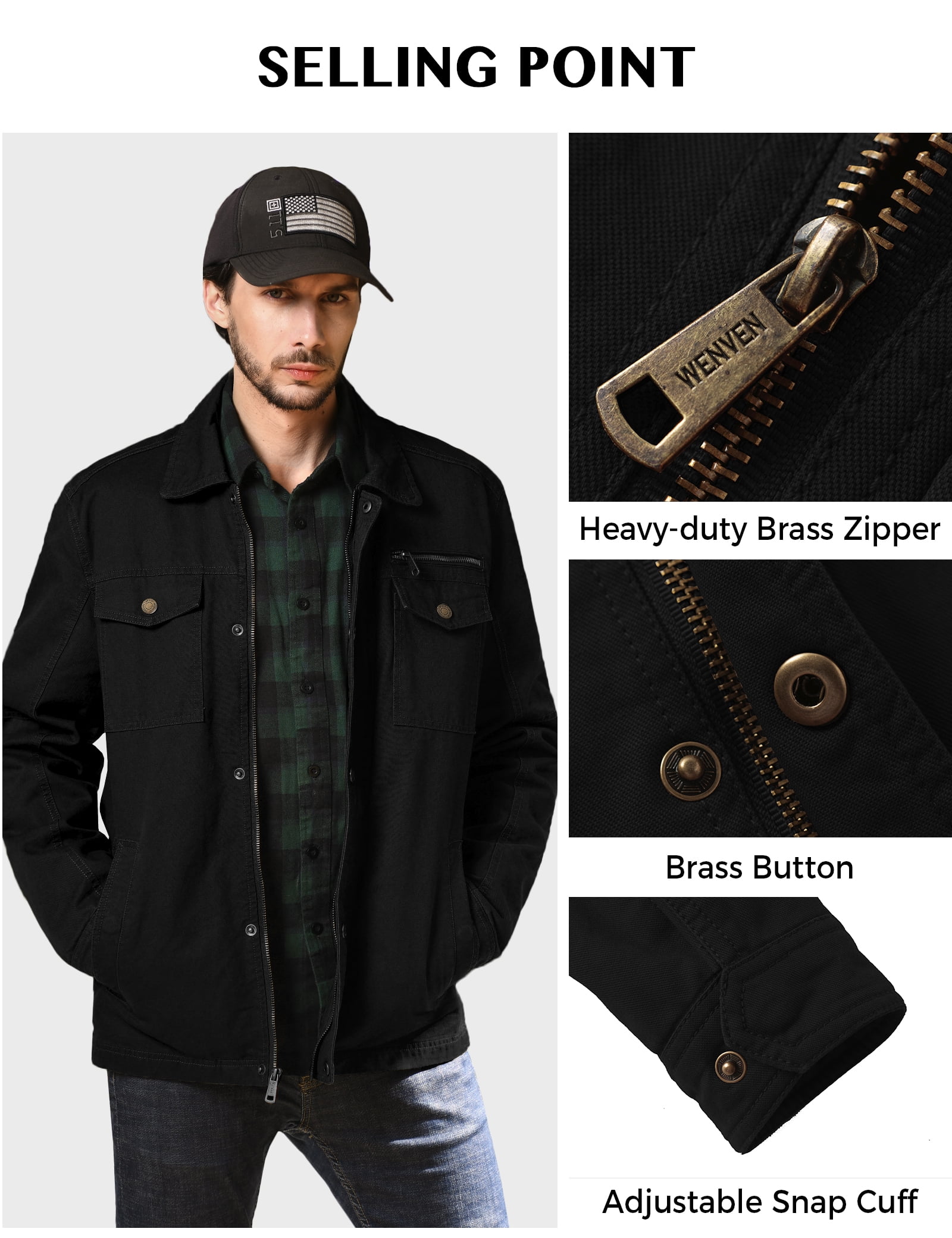 WenVen Men's Fall Cotton Military Jacket Lightweight Canvas Long Sleeve  Work Cargo Jacket (Black, L) - Walmart.com