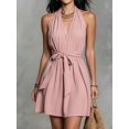 thumbnail image 4 of Women's Sleeveless Backless Mini Halter Deep Neck Tie Dress for Daily Wear Pink L, 4 of 5