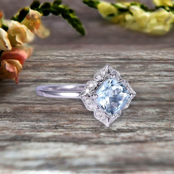 7mm Cushion Cut 1.55 Carat Vintage Floral Aquamarine Engagement Ring On 10k White Gold Anniversary Gift Personalized for Brides