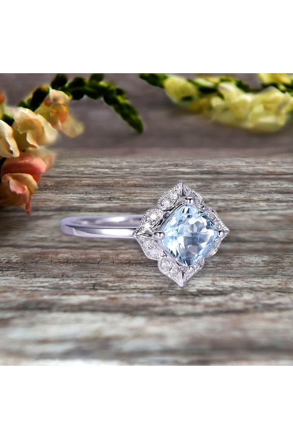 7mm Cushion Cut 1.55 Carat Vintage Floral Aquamarine Engagement Ring On 10k White Gold Anniversary Gift Personalized for Brides