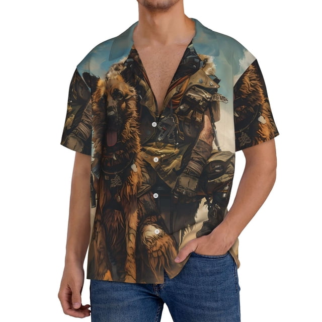 Balery desert Man Shepherd Dog Camisa Casual de Manga Corta con Botones para Hombre, Texturizada, Estilo Cubano, para Playa, Verano-Large