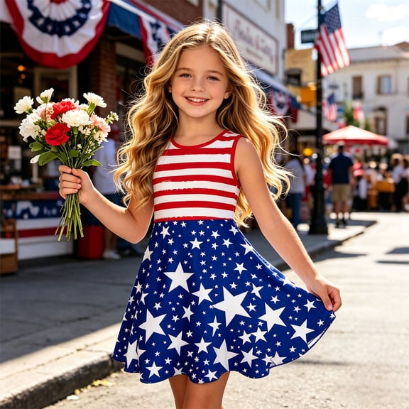 2026 New Girls Patriotic Sleeveless Dress For Girls Round Neck Red White Blue Party Outfit Age 3 16 Classic Summer Dress(Blue,7-8 Years)