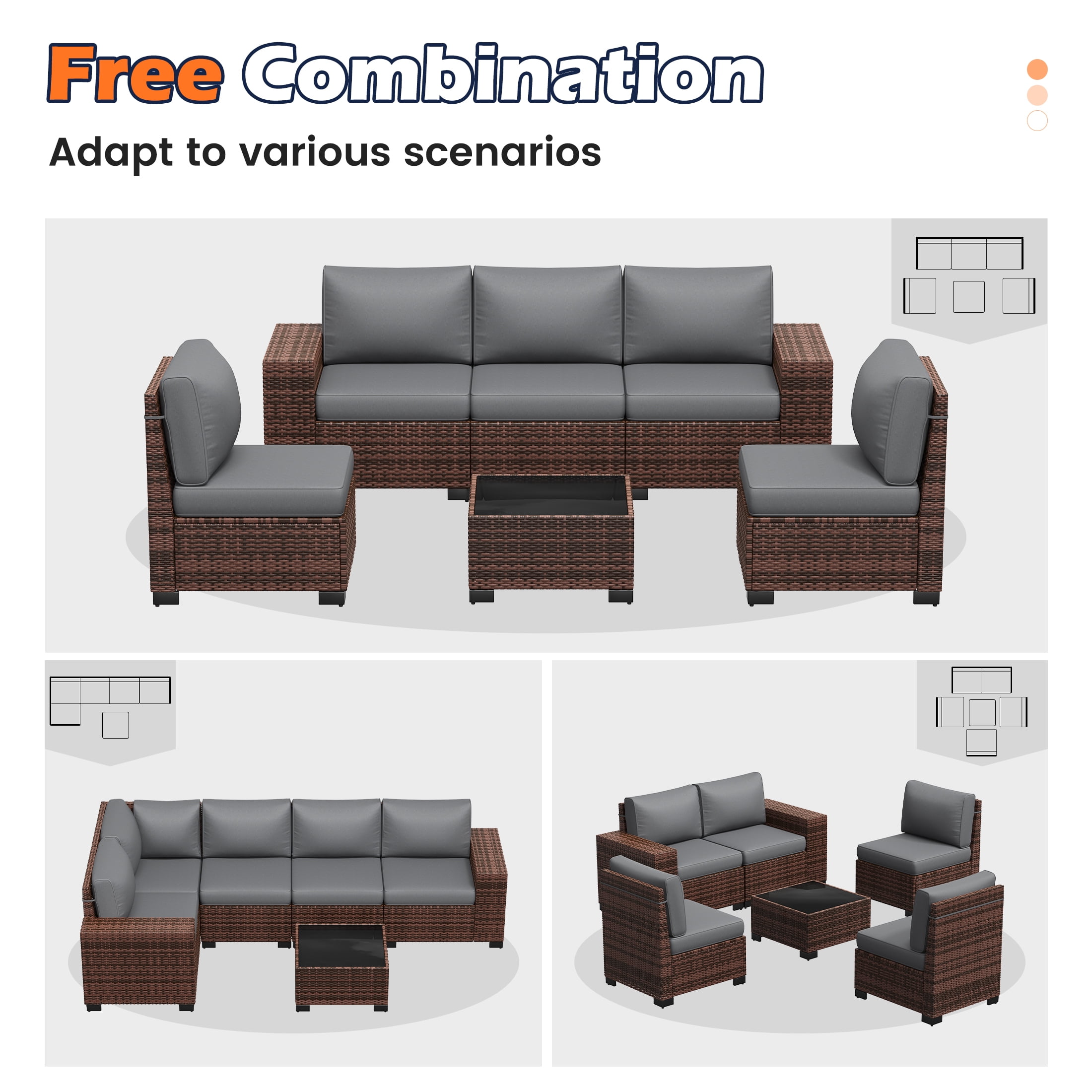 UDPATIO 6-Piece Patio Furniture Set, Outdoor Patio Sofa Set With Wide Armrest, All-Weather Wicker Rattan Guest Set With Cushion And Glass Table And Waterproof Cover, Brown & Dark Grey