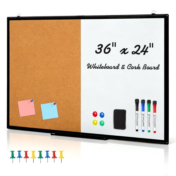Comix 36"x24" Cork Dry Erase Board Combo, Magnetic Combination Whiteboard for Wall with Markers, Eraser,Magnets,School Home Office