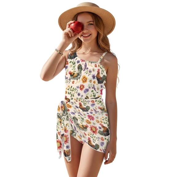Xixirimido Boho Floral Roosters Print Girls Swimsuit One Piece with Removable Bra, One Shoulder Adjustable Strap Swimwear with Mesh Cover Up Bathing Suit for Girl, Size 15-16 Years
