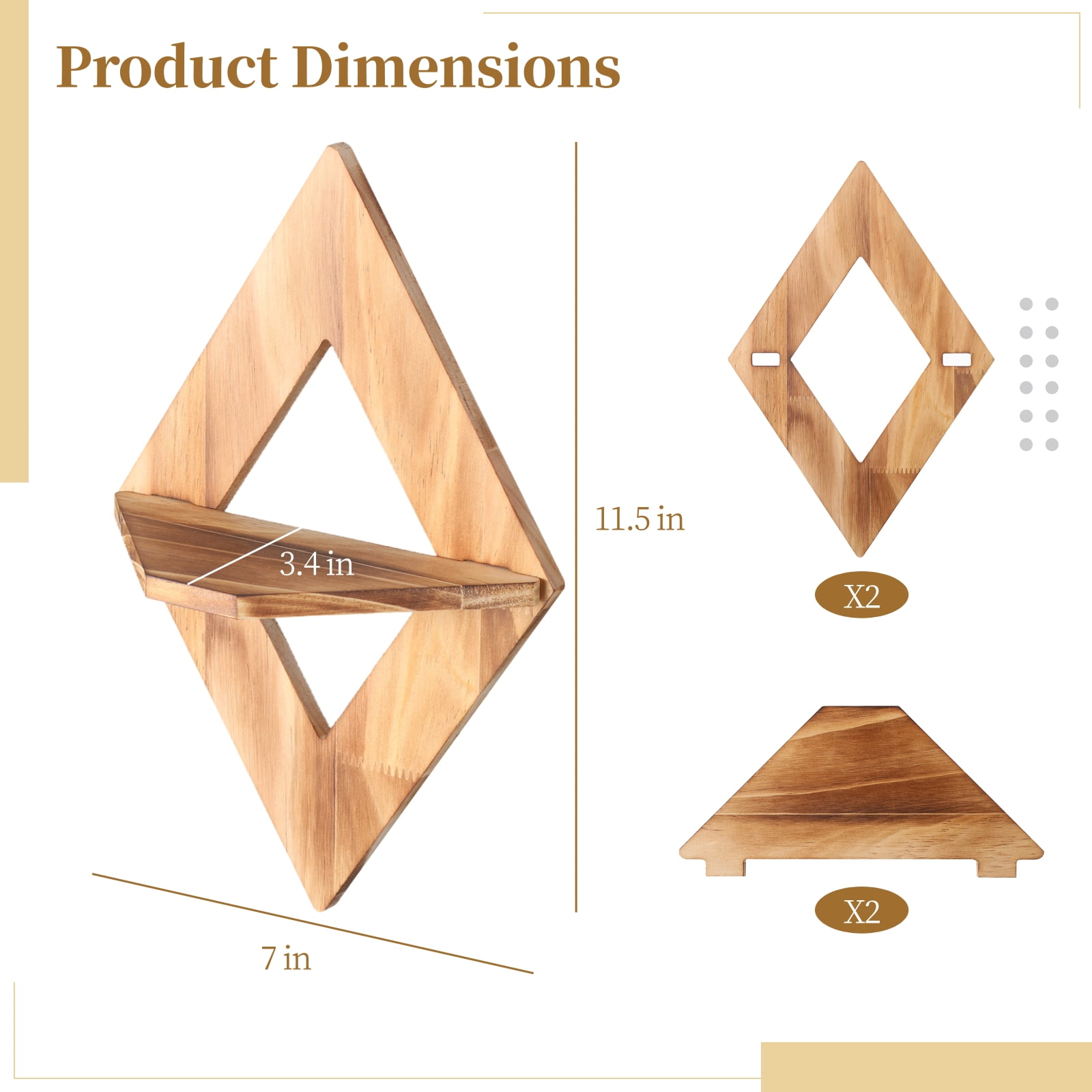 2 Pcs Geometric Wall Hanging Planter - Rhombic Charcoal Wooden Shelf | Bohemian Decorative Flower Pot Rack, Indoor Storage Display Shelves for Plants, Books, Decor