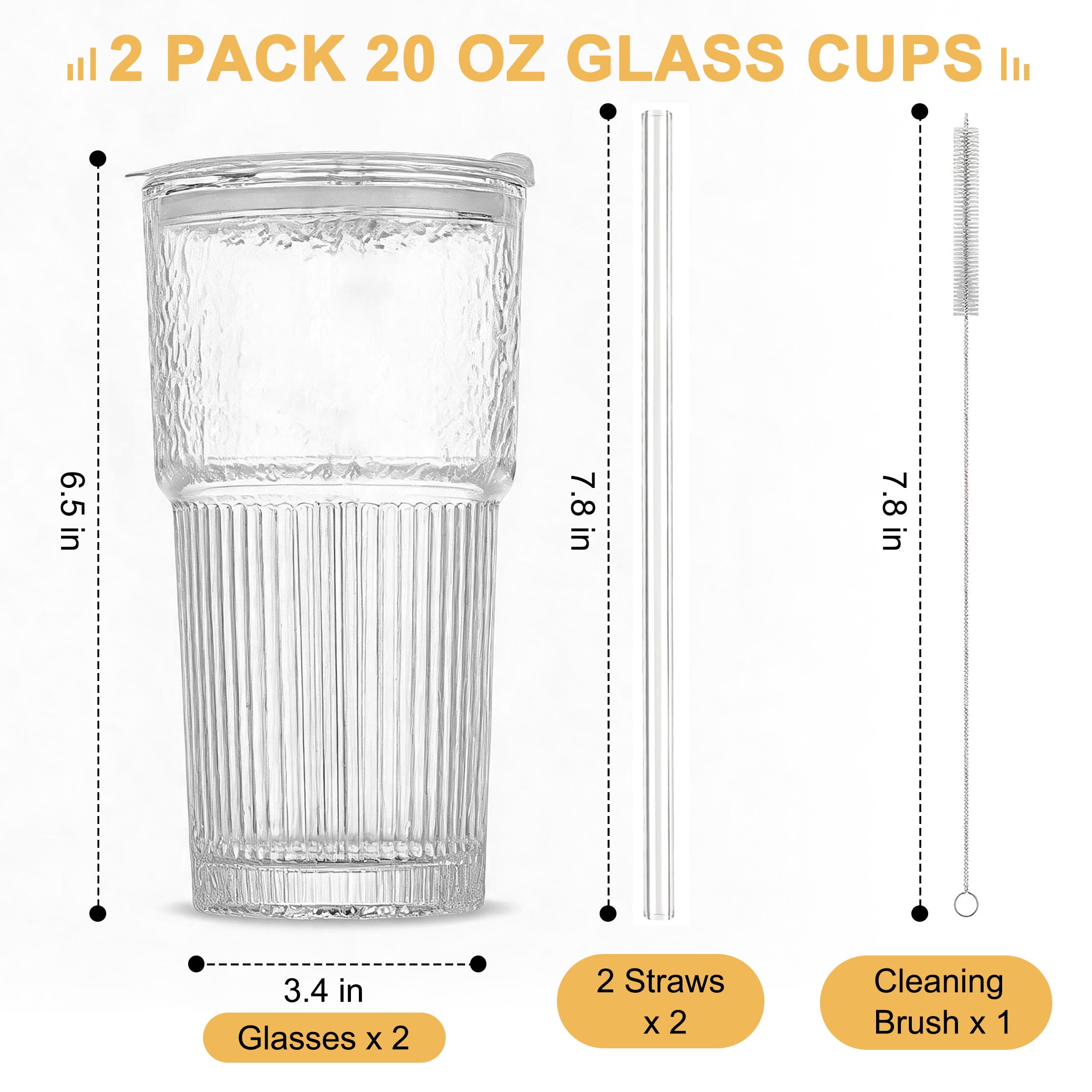 GARITIN Glass Tumbler with Lid and Straw, 20 Oz Ribbed Glass Cups 2 Pack, Leak‑Proof Iced Coffee Glass Cup with Cleaning Brush for Car Cup Holder