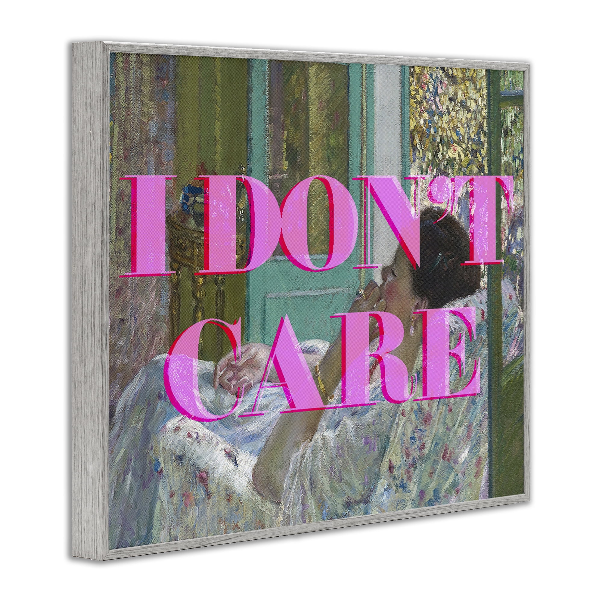 I Don't Care over Classic Painting Gray Framed Giclee Art, design by Lil' Rue