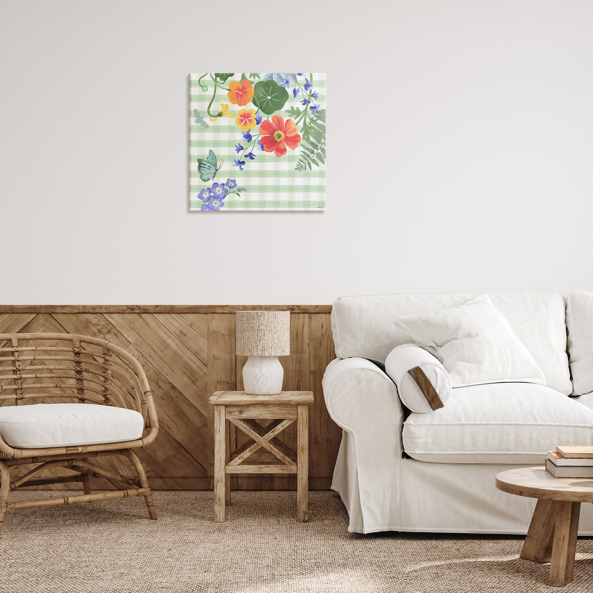 Stupell Industries Green Gingham & Poppies Botanical & Floral Painting Gallery Wrapped Canvas Art Print Wall Art, 24 x 24