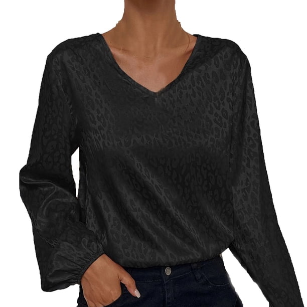 Mujeres primavera otoño Casual manga larga suelta Sexy cuello en V leopardo moda camisa Tops Fridja hkj3714