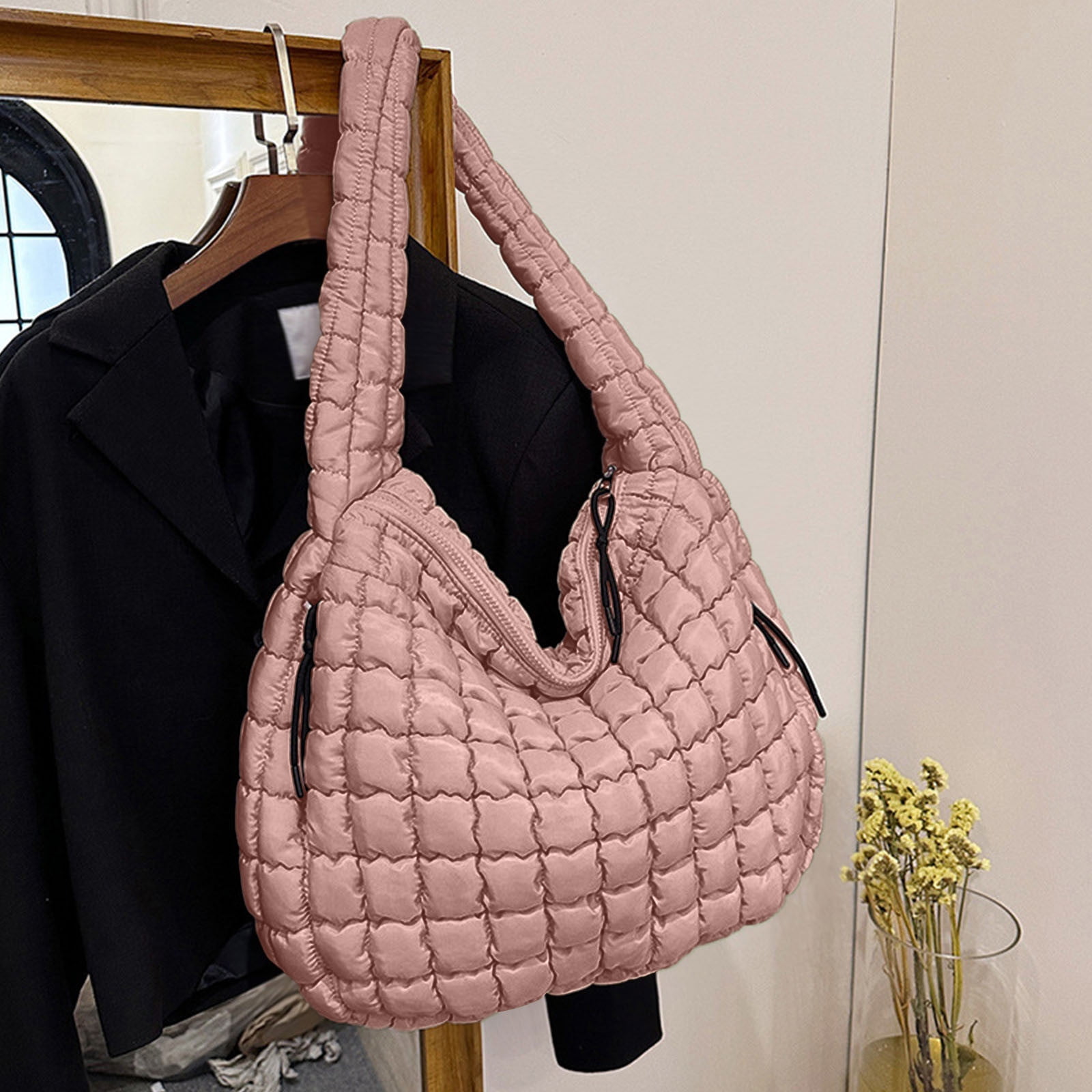Puffer Quilted Shoulder Bag for Women Puffy Bubble Tote Bag Lightweight Nylon Handbag Padded Soft Purse