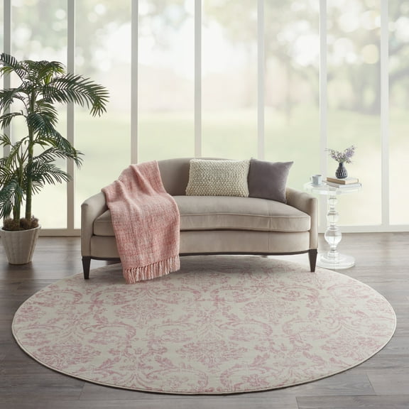 Nourison Jubilant Distressed Damask Ivory/Pink 8' x round Area Rug, (8' Round)