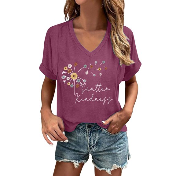 Womens T Shirts Oversized Floral Print Summer Tops Fashion 2026 V-Neck Short Sleeve Basic Spring Tee