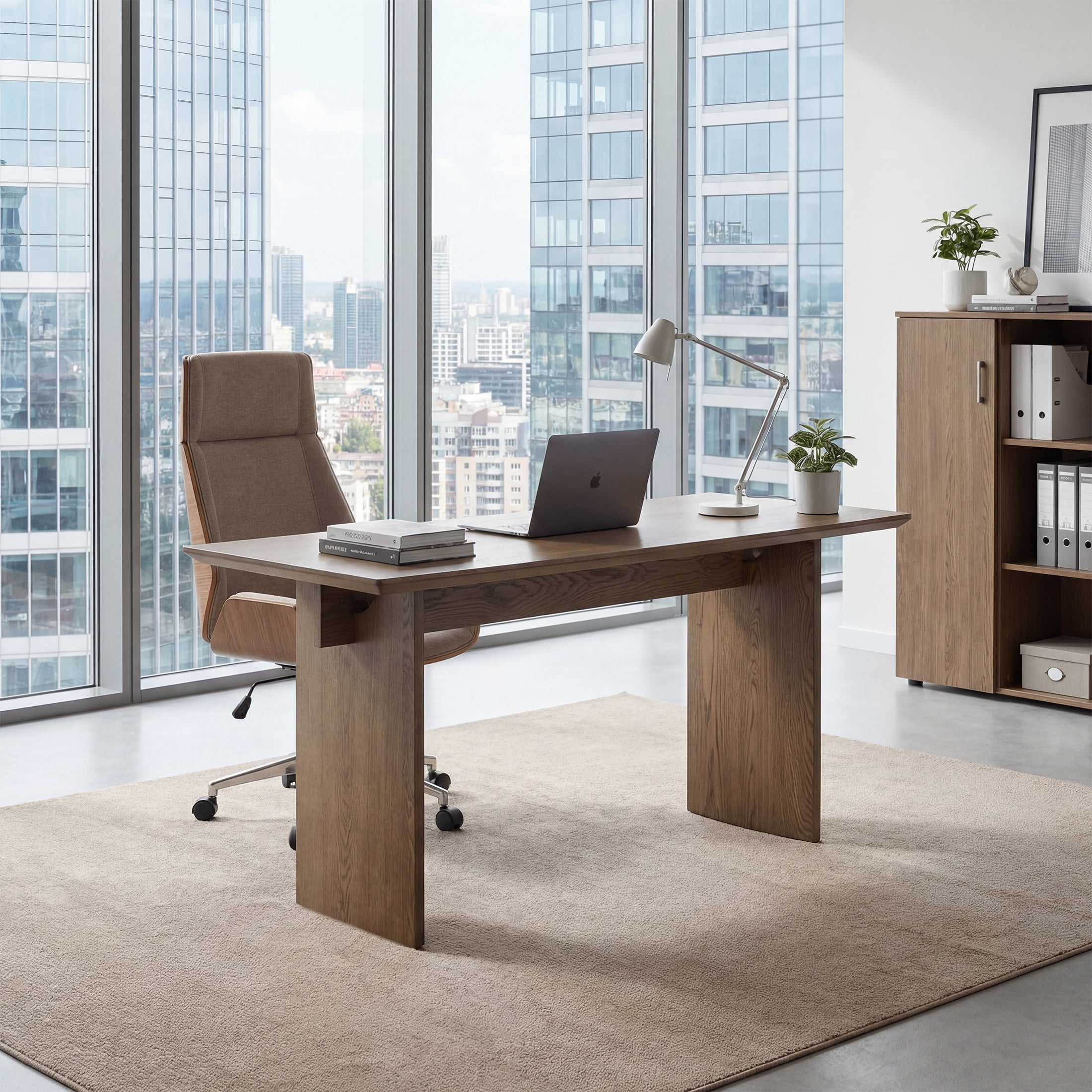 Guyou 55" Natural Oak Desk, Light Wood Finish MDF Study Table, Versatile Vanity & Office Desk with Sculptural Legs, Sturdy Two-Pedestal Design for Work & Study, Walnut