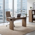 thumbnail image 3 of Guyou 55" Natural Oak Desk, Light Wood Finish MDF Study Table, Versatile Vanity & Office Desk with Sculptural Legs, Sturdy Two-Pedestal Design for Work & Study, Walnut, 3 of 12