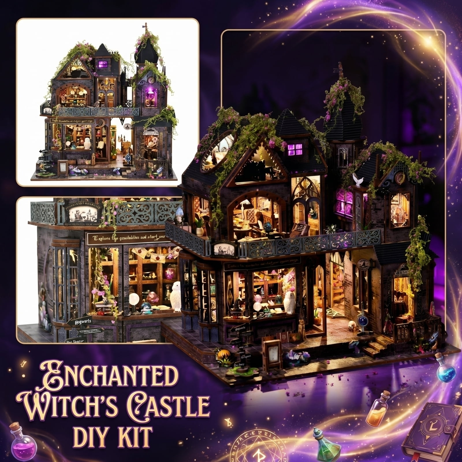 Dollhouse Kit for Adults DIY Magic Castle Gothic Witch Miniature House Wooden 3D Puzzle Building Diorama with Touch Sensor LED Light and Music Box Tabletop Decor for Halloween Christmas