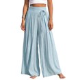 thumbnail image 3 of Women's Cotton Linen High Waist Tie Strap Pleated Wide Leg Pants, Elastic Waist Loose Pocket Resort Trousers, Soft Breathable Summer Bottoms for Travel Daily | TruHer,Light Blue XL, 3 of 7