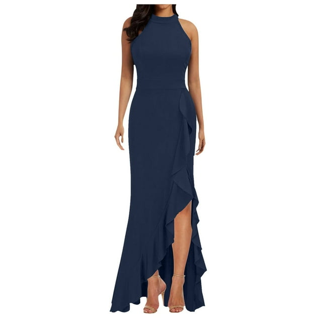 Women Split Sleeveless Ruffle Long Dress - Sexy Slit Evening Dress, Polyester-Spandex, S-XXL