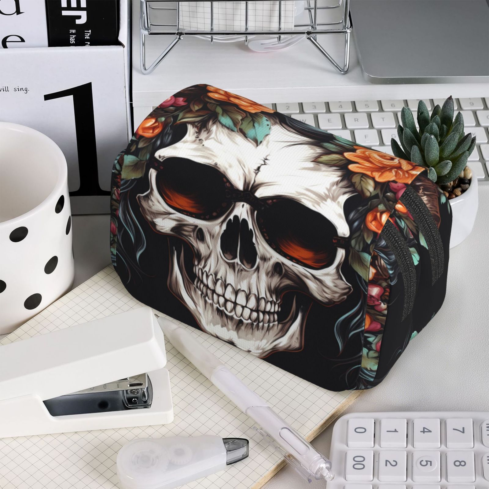 Rateoe Flower Horn Skull Pattern Double Clamshell Pen Case, Storage Organizer with Two Zipper Compartments– Holds Up to 50 Pencils & Pens