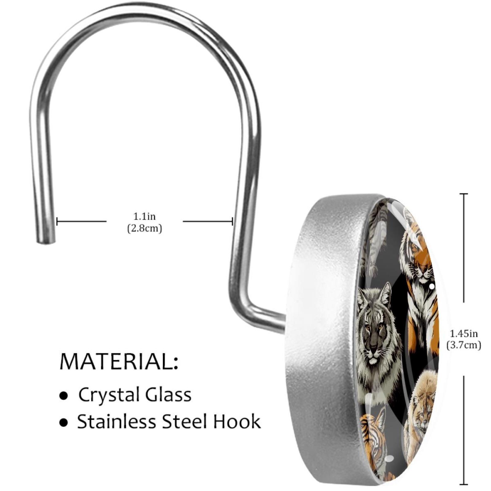 Wild Tigers Foxes Shower Curtain Hooks Round Crystal Glass, Set of 12 Shower Curtain Rings - Shower Hooks for Curtain Shower Rings