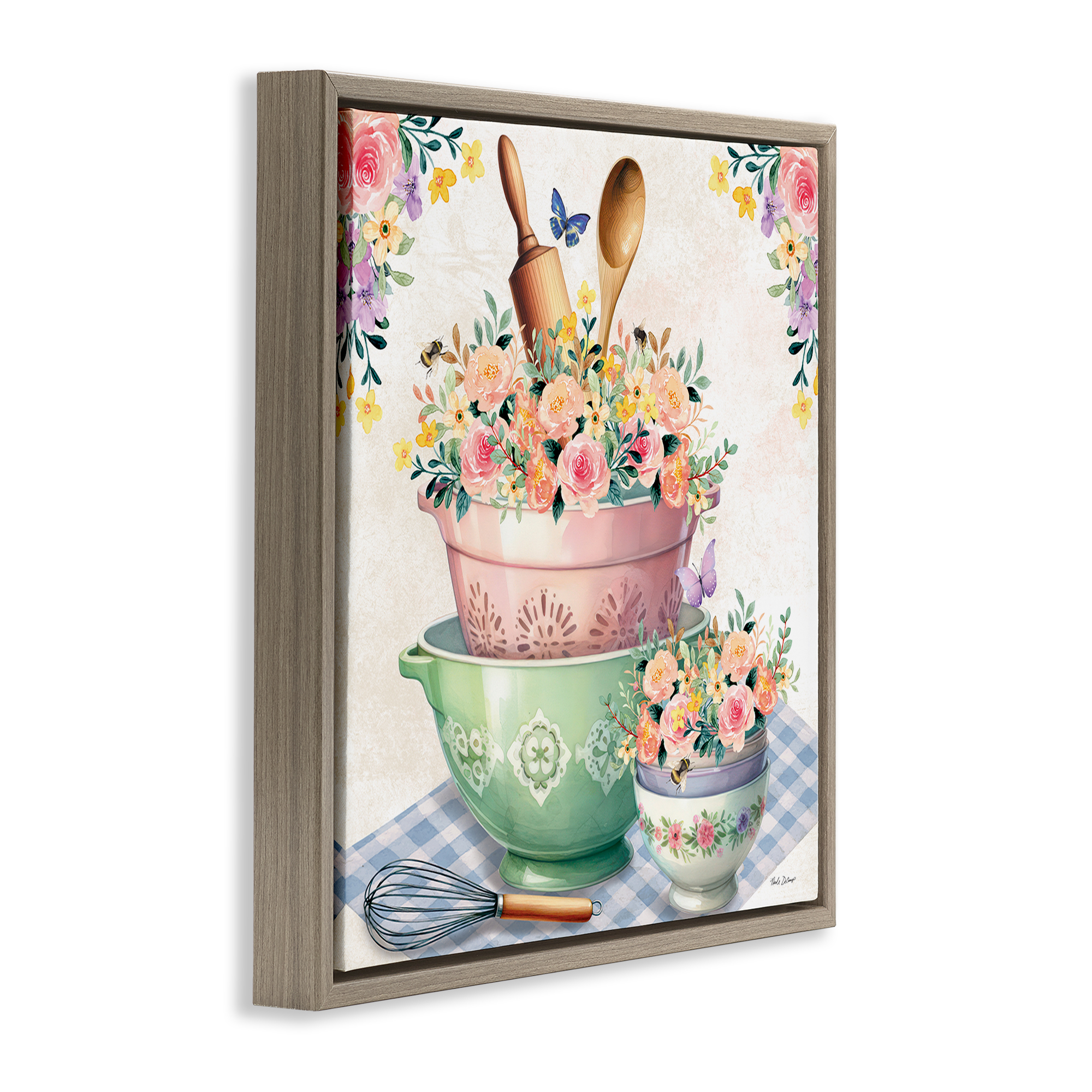 Stupell Industries Floral Kitchen Bowls Stack Food & Beverage Painting Brown Floater Framed Canvas Art Print Wall Art, 18 x 18