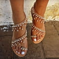 thumbnail image 2 of huanledash Plus Size Women Rhinestone Faux Pearl Tassel Shoes Summer Clip Toe Flat Sandal, 2 of 8