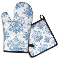 Blue Pioneer Flower Kitchen Oven Mitt and Pot Holder Sets 2 Pcs for Baking, Cooking and Grilling, Heat Resistant Up To 392 °F