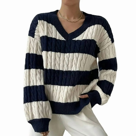 Women'S Cropped Sweater V-Neck Long Sleeve Fisherman Cable Pullover Knit Top Blue & White L