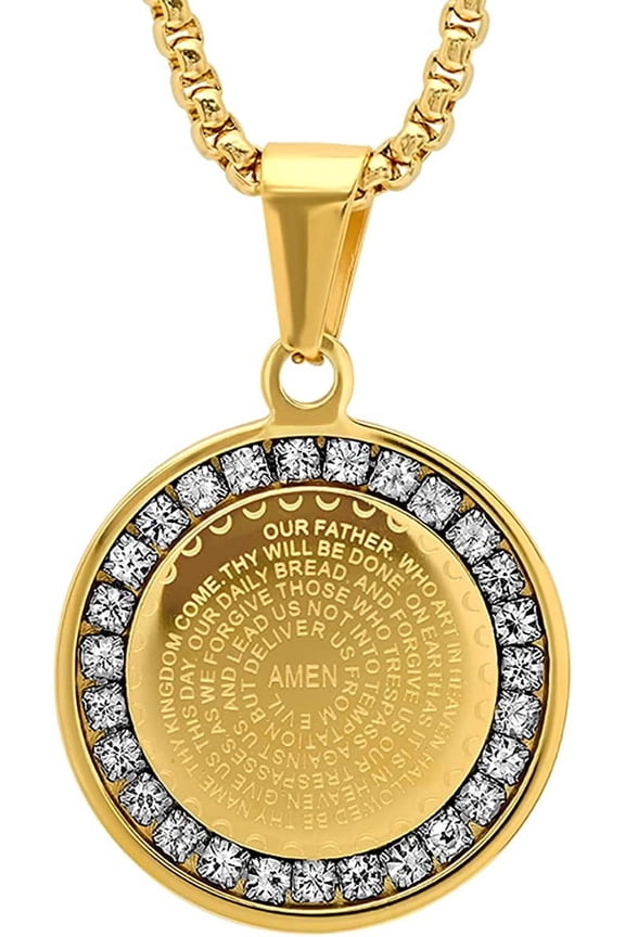 Steeltime Stainless Steel Lords Prayer Necklace with Simulated Diamonds Gold Reversible Round Pendant