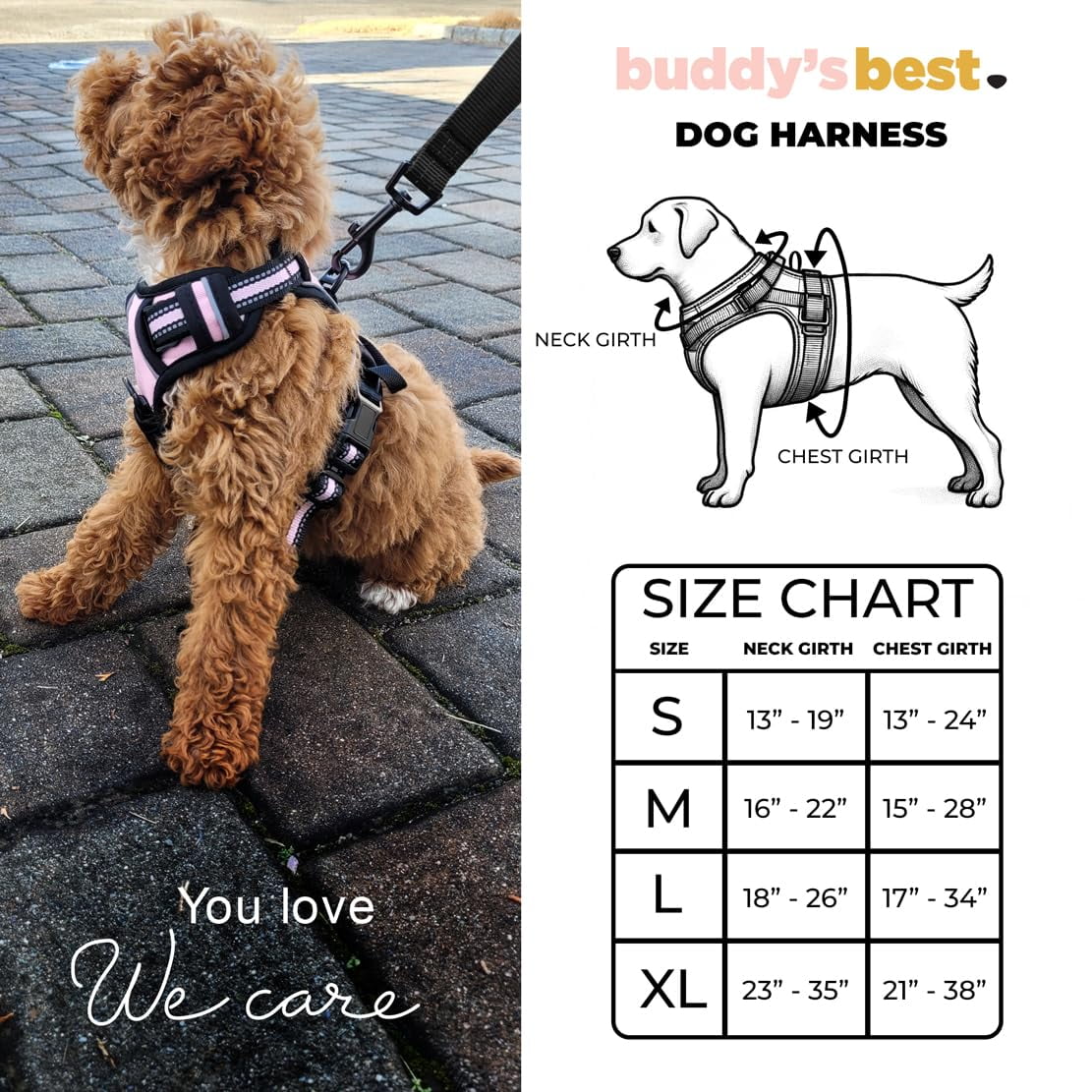 Buddy's Best Dog Harness, No-Pull Pet Harness with 2 Leash Clips, Adjustable Soft Padded Reflective Safety Pet Harness for No-Choke Pet Training (Orange, Medium)