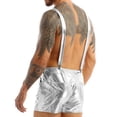 thumbnail image 3 of Sxiwei Men's Shiny Metallic Bib Overalls Dungarees Suspender Hot Shorts Pants Festival Party Clubwear Silver M, 3 of 7