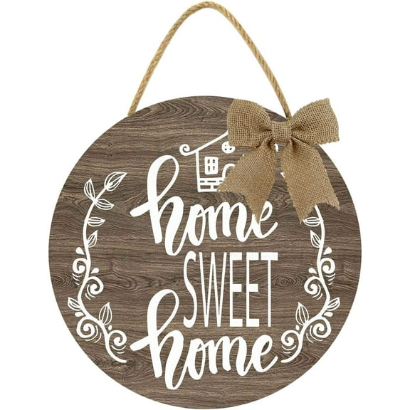 Eveokoki 12" Home Sweet Home Wreaths Decor Sign Front Door, Round Wood Hanging Sign With Ribbon Bow and Artificial Green Leaves, Farmhouse Porch Decorations for Thanksgiving