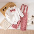 thumbnail image 2 of Rggeeun Baby Boys' Clothing Sets Bow Button Down Long Sleeve Lapel Collar Bodysuits & Cute Plaid Graphic Overalls 2 Piece Outfits Fall Matching Sets Streetwear Versatile,Red,0-3 Months, 2 of 9