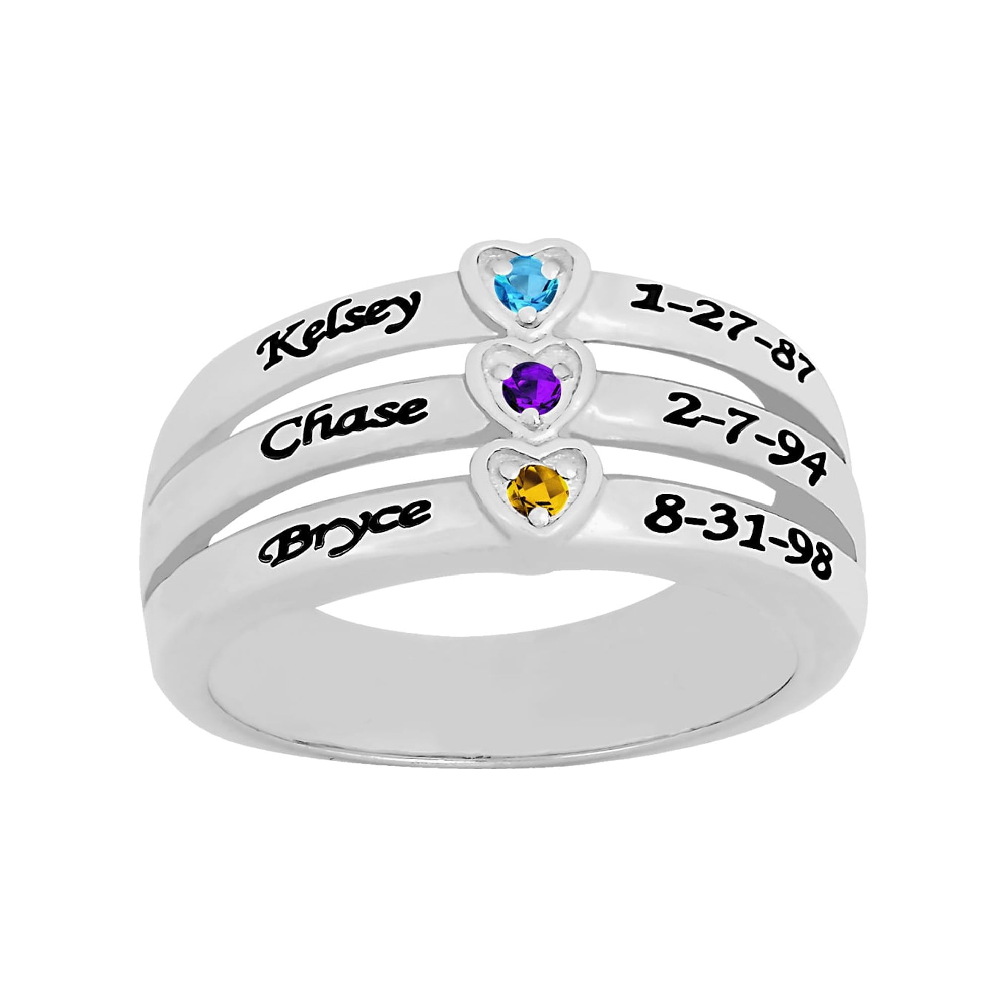 Personalized Laser Engraved Family Ring with Up to Three Birthstones