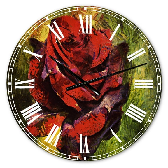 Designart 'Red Rose Illustration on Green' Traditional wall clock