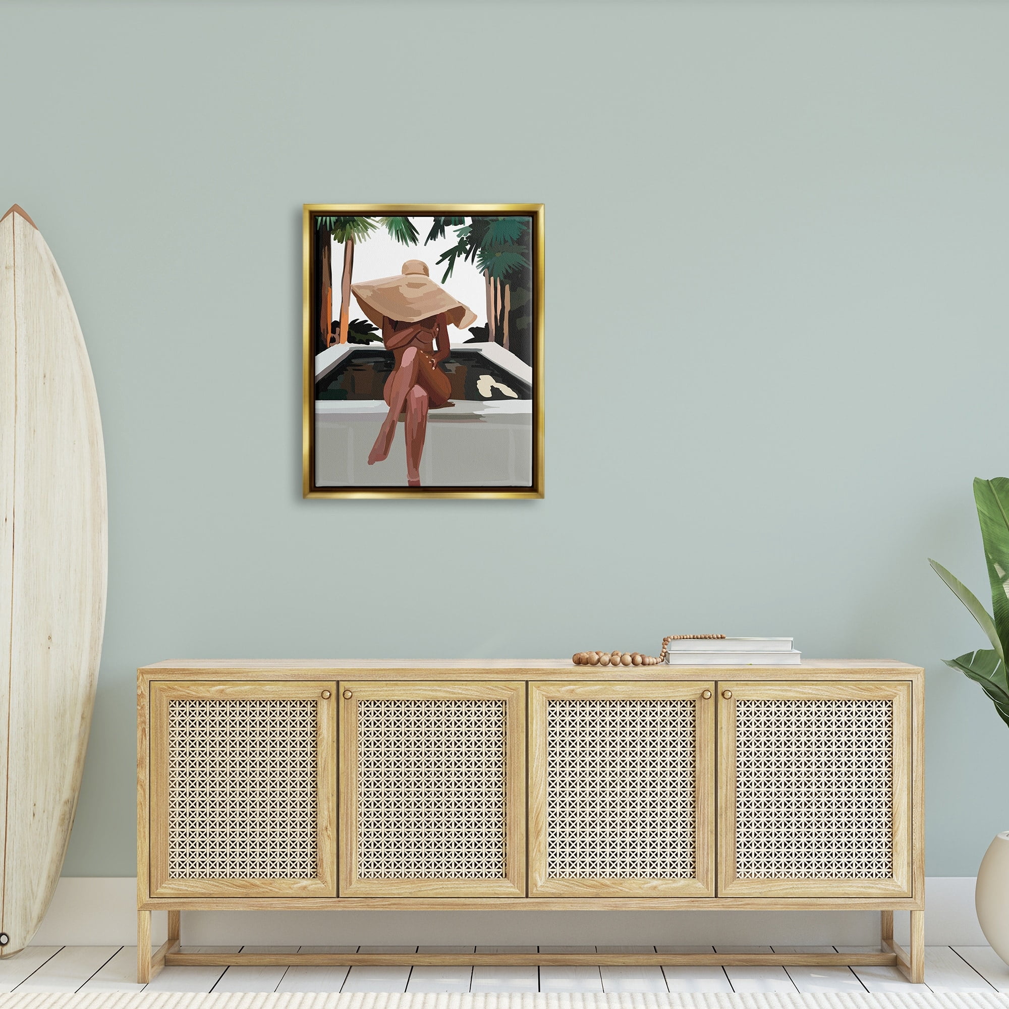 Stupell Industries Trendy Upscale Woman Tropical Summer Hot Tub Graphic Art Metallic Gold Floating Framed Canvas Print Wall Art, Design by Amelia Noyes