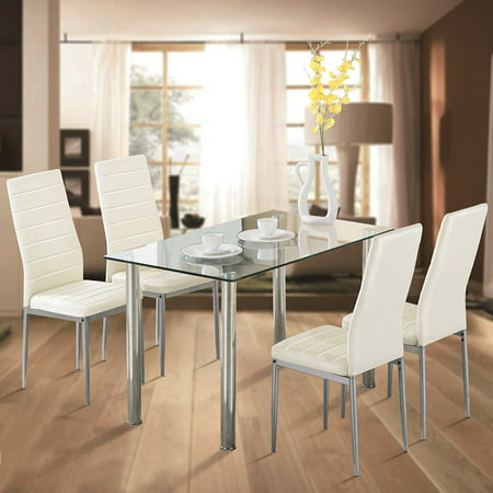 Zimtown 5 Piece Dining Table Set White 4 Chair Glass Metal Kitchen Dining Room