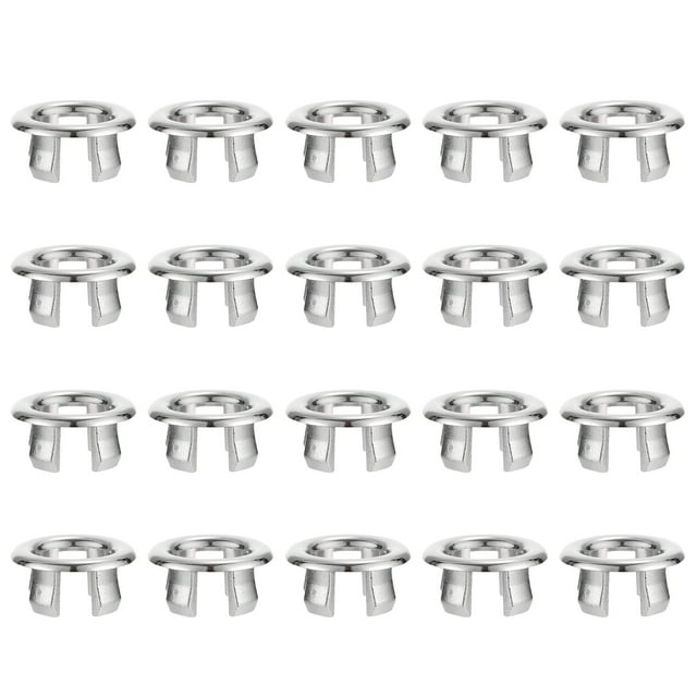 30pcs Sink Overflow Ring Bathroom Sink Hole Overflow Cover for Bathroom Sink Basin. Silver plastic rings with smooth edges, designed to fit standard bathroom sink overflow holes. Durable and easy to install without tools, ideal for bathroom renovation and faucet parts in homes, hotels, and commercial spaces.