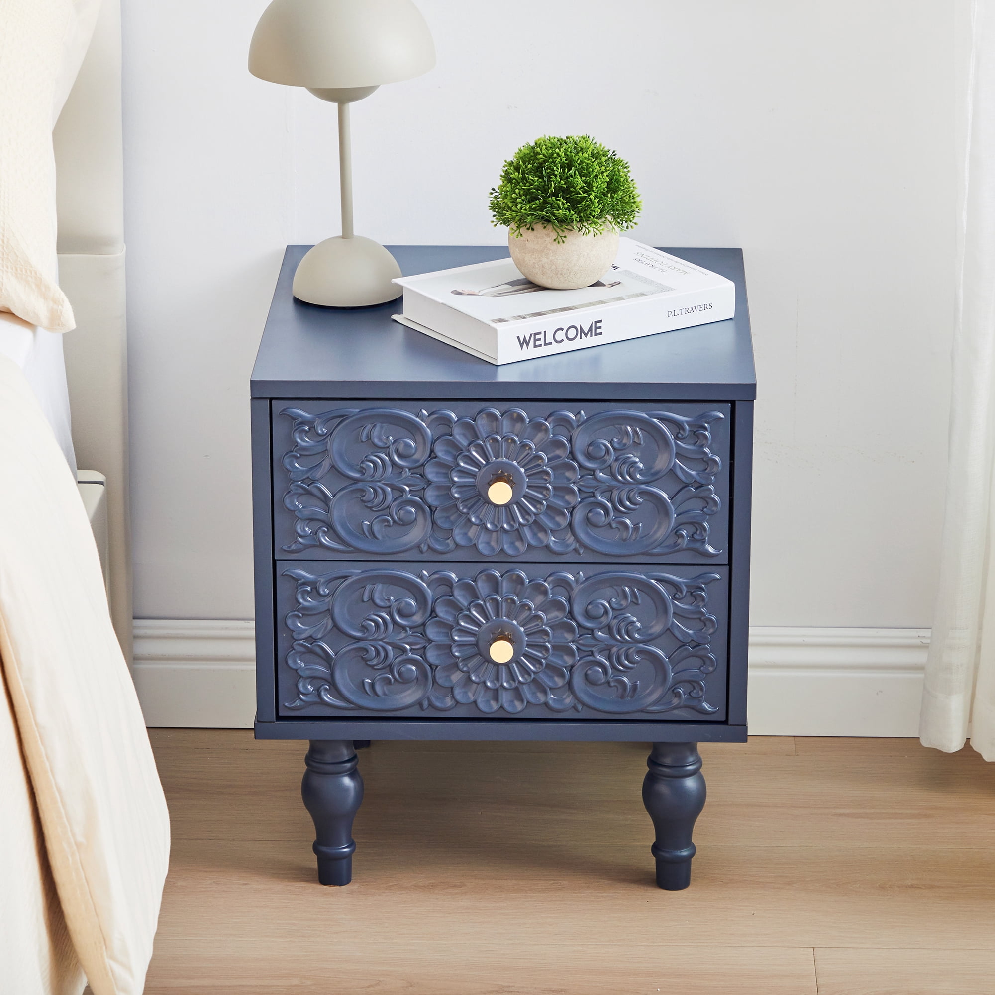 Wirrytor Vintage Short Nightstand with 2 Drawers, Bedside Table 2 Drawer Dresser with Embossed Pattern, Storage End Table with Wooden Legs for Bedroom & Living Room,Blue