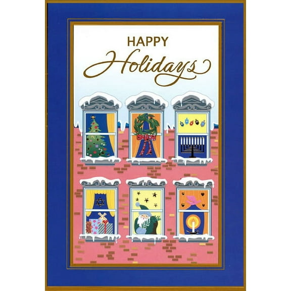 Designer Greetings Apartment Windows: Tree, Wreath, Dreidels, Menorah Box of 15 Interfaith Holiday Cards